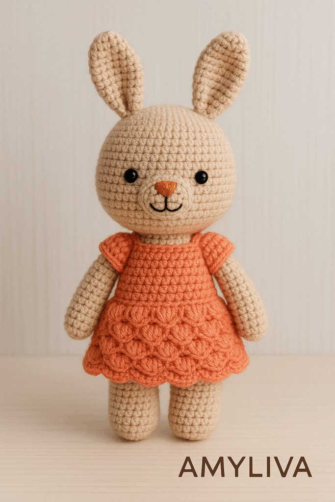 Eco-friendly handmade amigurumi rabbit in dress, designed by AMYLIVA for newborns, toddlers, and collectors."