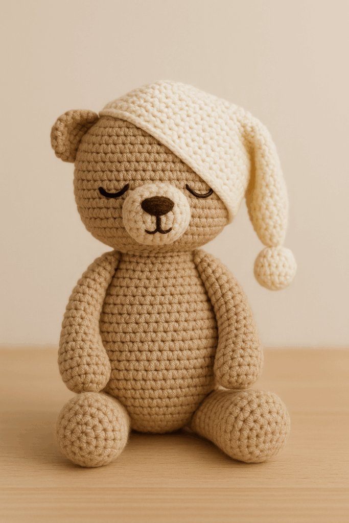 andmade amigurumi crochet bear by AMYLIVA, featuring beige cotton yarn, closed sleepy eyes, and a cream-colored nightcap, sitting on a wooden surface in a soft minimalist setting."