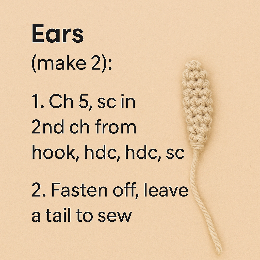 Crochet pattern for amigurumi bunny ears with written instructions and an example ear piece – made using single crochet and half double crochet stitches.