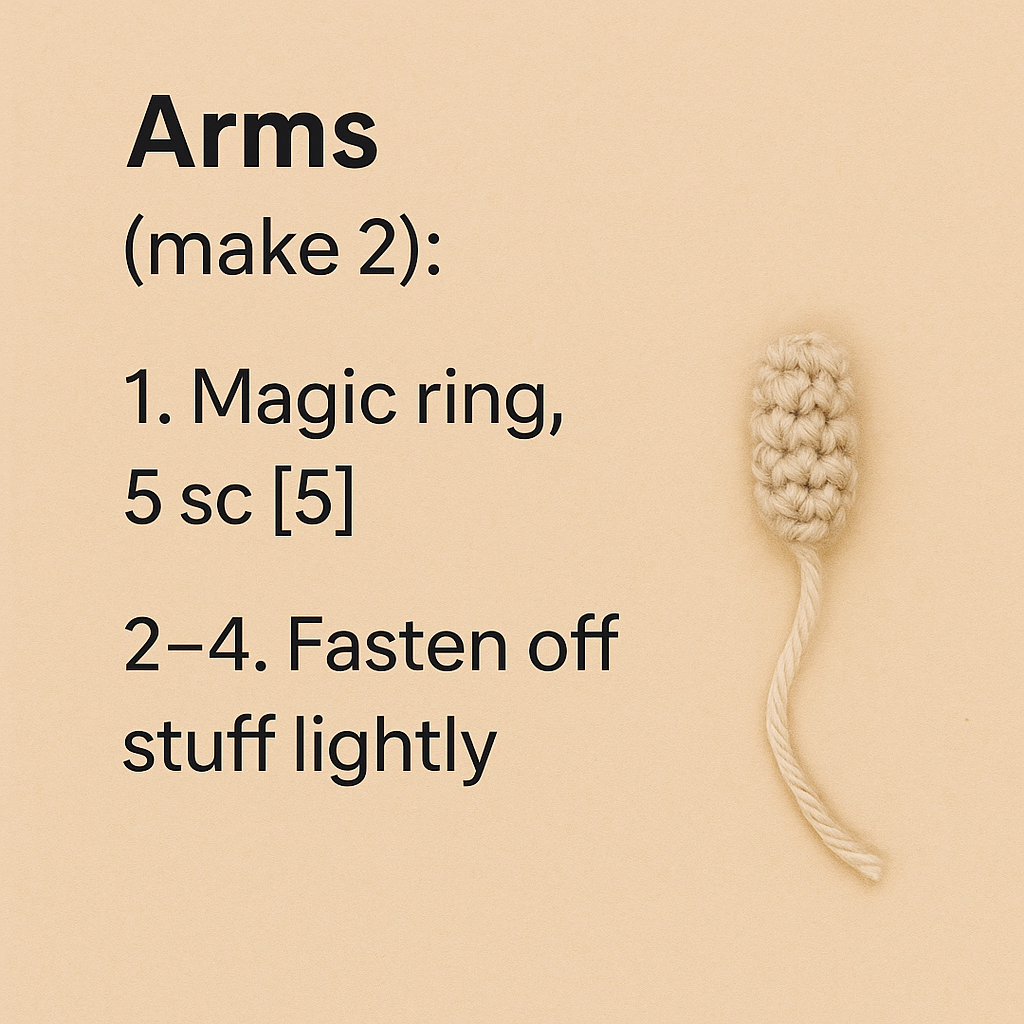 Amigurumi bunny arms crochet instructions with image of a finished arm piece, made using a magic ring and single crochet stitches – lightly stuffed.