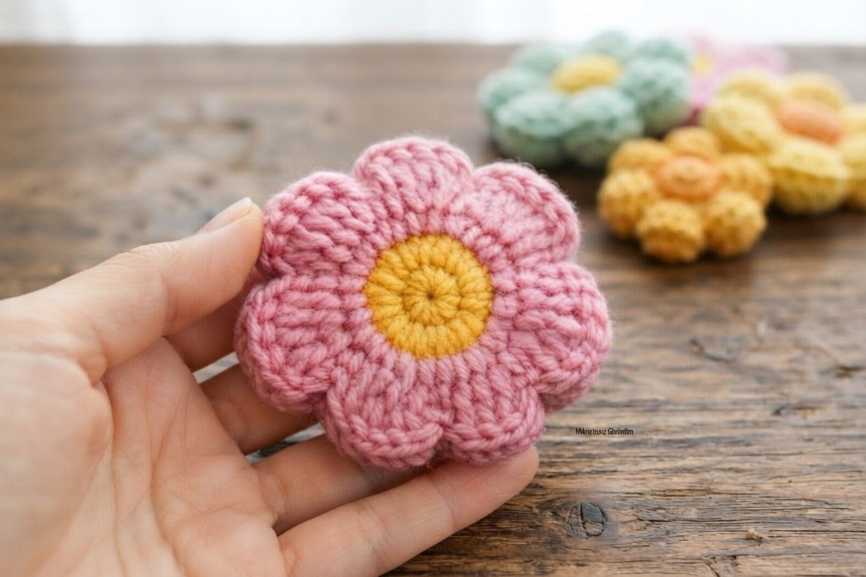 Featured image of handmade crochet flower magnet with pink petals and a yellow center, crafted by AmyLiva Handmade.
