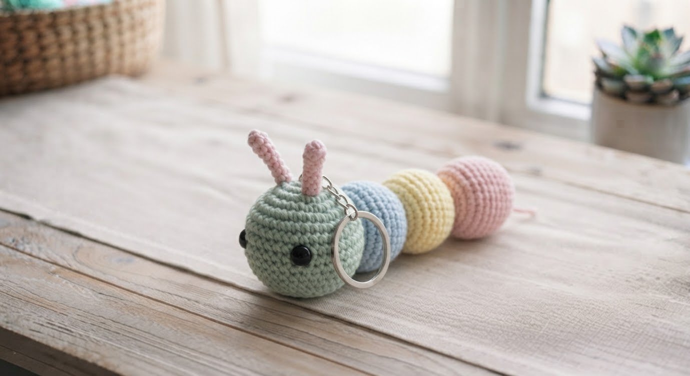 Cute amigurumi caterpillar keychain with colorful crochet body segments and small antennae