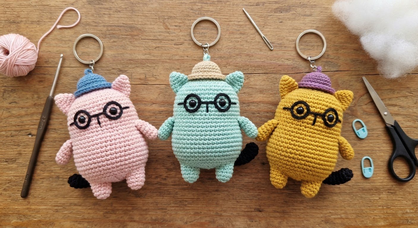 Three amigurumi cat keychains crocheted in different colors, displayed side by side with tiny hats and glasses.