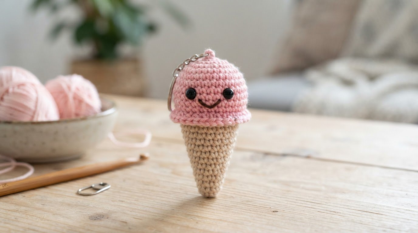 Finished mini crochet ice cream with a pink scoop and beige cone