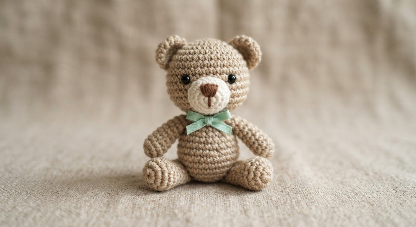 Finished mini amigurumi bear with a mint green bow tie