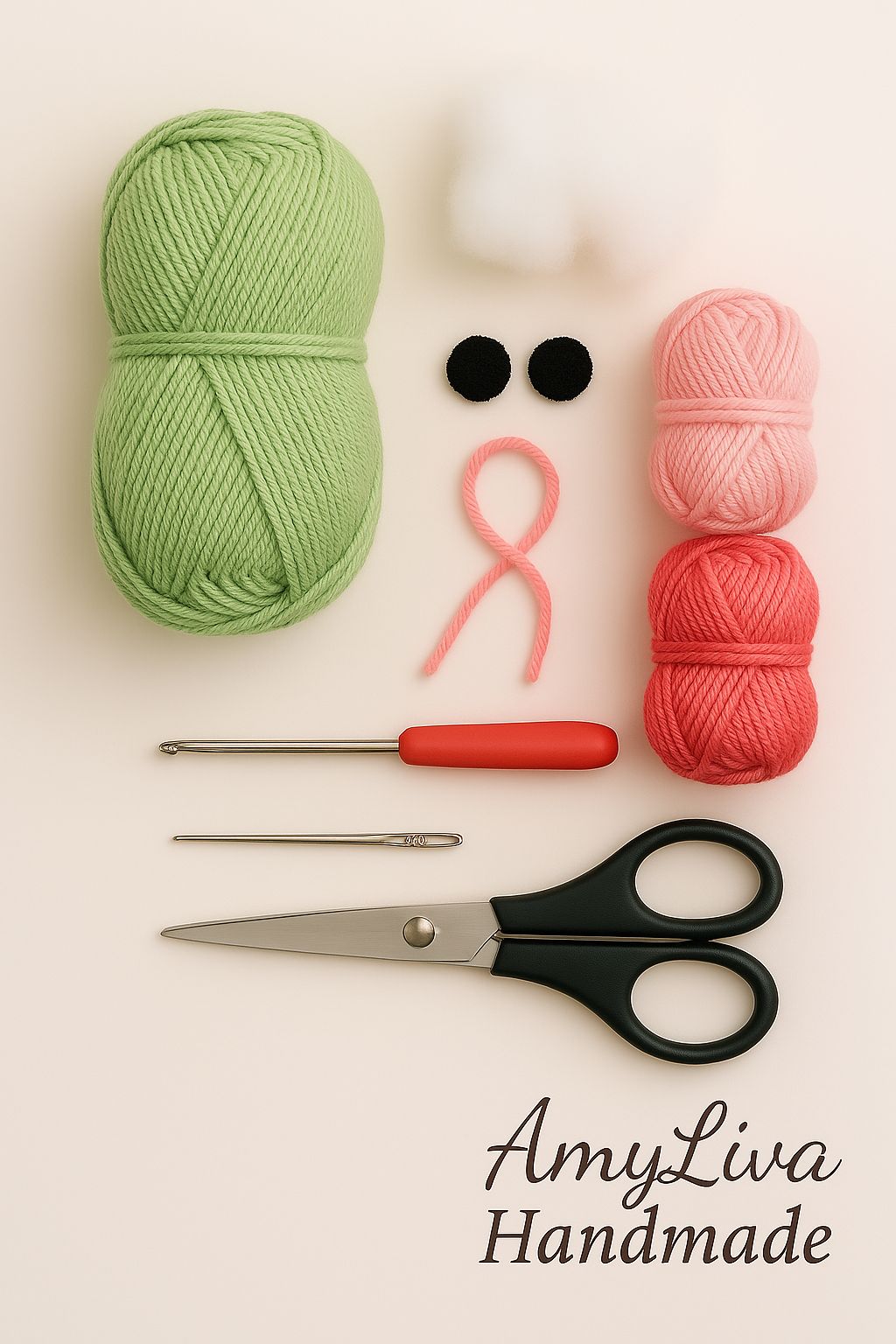 *Essential Materials for Peas and Love Bug Amigurumi Crochet Project*  
Prepare the perfect supplies for crafting this adorable *Peas and Love Bug Amigurumi*! Here's what you'll need to bring this crochet design to life:  
- *Yarn:* Soft cotton or acrylic in light pink, dark pink, red, and green.  
- *Hook:* Recommended size for your yarn thickness, typically 2.5mm or 3mm.  
- *Stuffing:* Polyester fiberfill for shaping the amigurumi.  
- *Needle & Scissors:* For sewing details and trimming excess yarn.  
- *Safety Eyes:* Optional for an expressive finish.  
- *Stitch Markers:* To keep track of rounds easily.  
Find the full tutorial at *[amyliva.com](https://amyliva.com)* and get more creative inspiration on *@amylivahandmade*!  
Crochet materials, amigurumi supplies, DIY crochet tools, love bug crochet kit, best yarn for amigurumi, free crochet pattern materials, beginner crochet essentials.