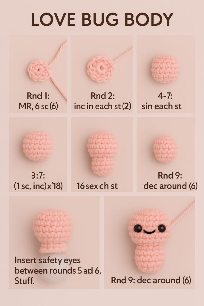 Step-by-step crochet tutorial showcasing the creation of a 'Love Bug Body' using pink yarn. The visual guide provides detailed instructions for each round, including stitch counts, placement for safety eyes, stuffing recommendations, and finishing touches. Perfect for amigurumi enthusiasts looking to craft an adorable bug design with neat shaping and precise details."