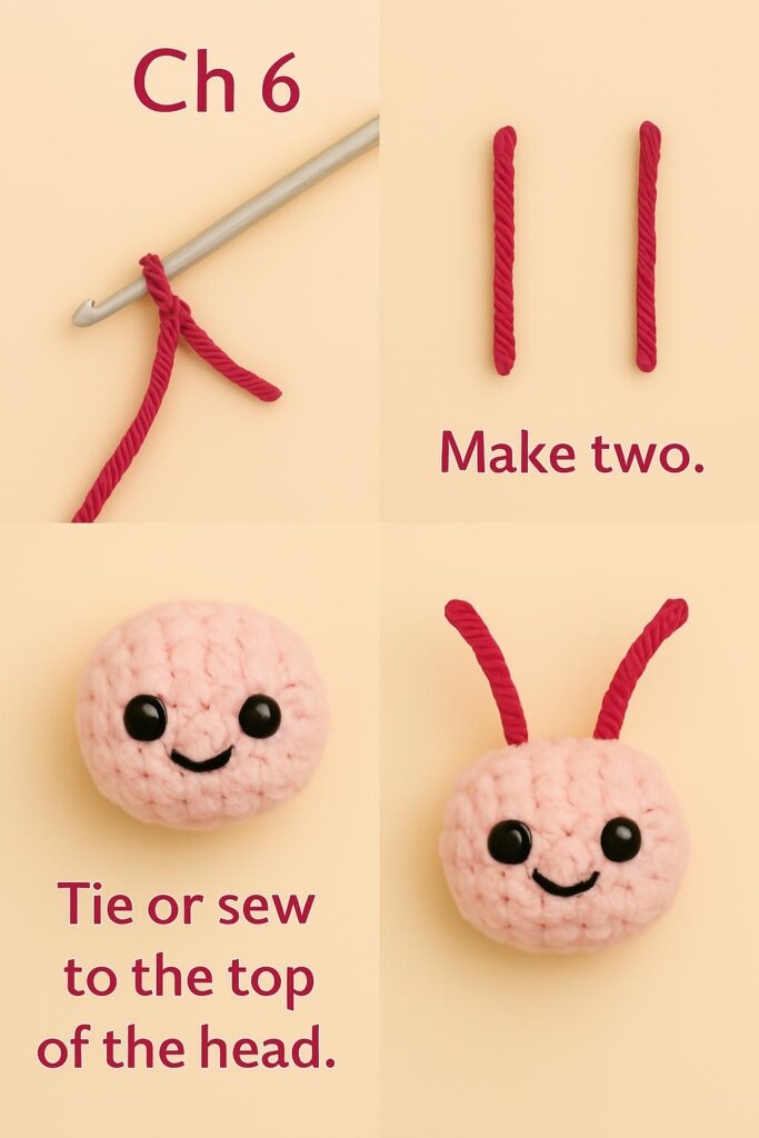 A step-by-step crochet tutorial demonstrating the creation of a rounded piece using basic crochet stitches. The image provides clear instructions for each round, detailing stitch counts and shaping techniques. Perfect for amigurumi makers looking to craft a structured design with precise finishing touches. Safety eye placement and stuffing recommendations are also included for a polished final result."