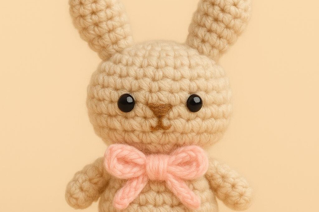 Handmade mini amigurumi bunny with a pink bow – front view
