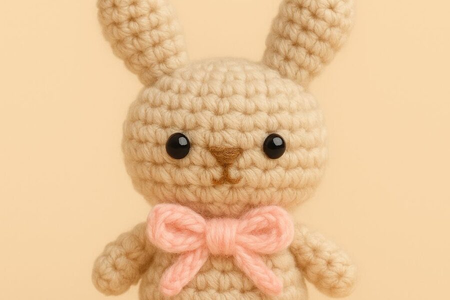 Handmade mini amigurumi bunny with a pink bow – front view