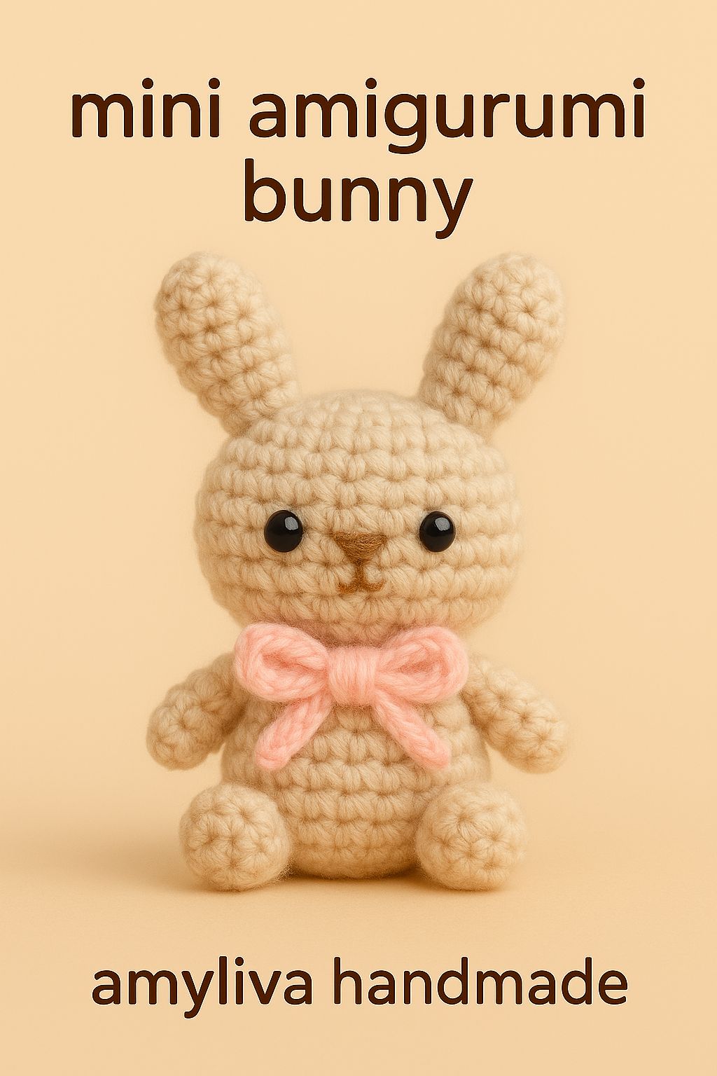 Handmade mini amigurumi bunny with a pink bow – front view
