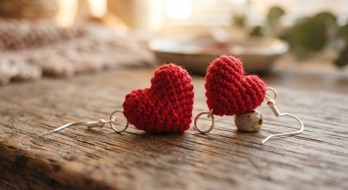 Close-up professional photo of handmade red crochet amigurumi heart earrings with metallic silver hooks, displayed on a rustic wooden surface in warm daylight with a blurred bokeh background