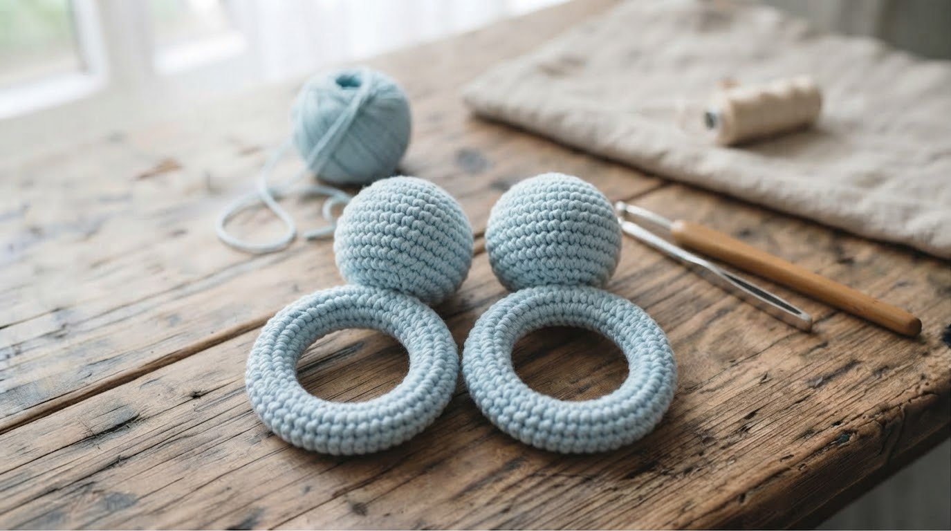 Two finished light blue crochet baby rattles placed side by side on a rustic wooden table.