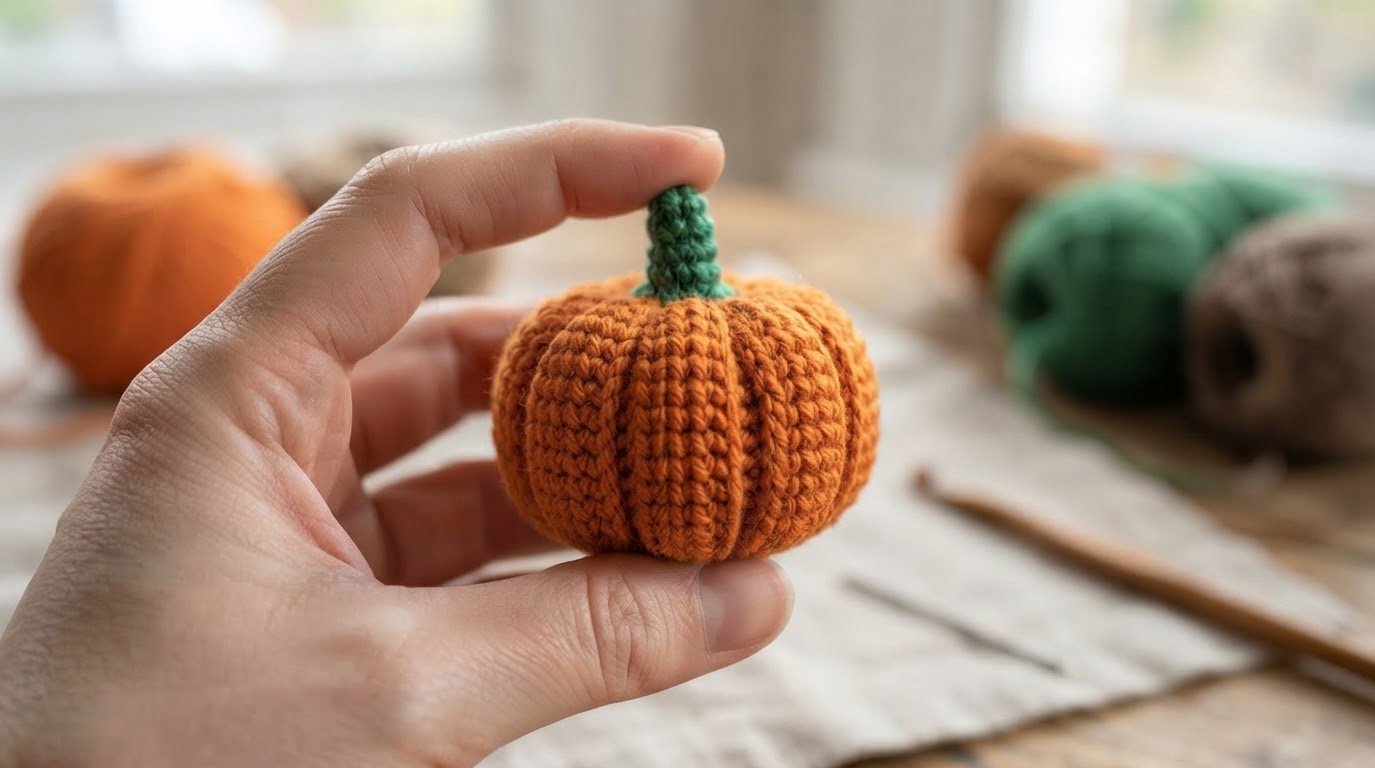 Hand holding a tiny crocheted amigurumi pumpkin