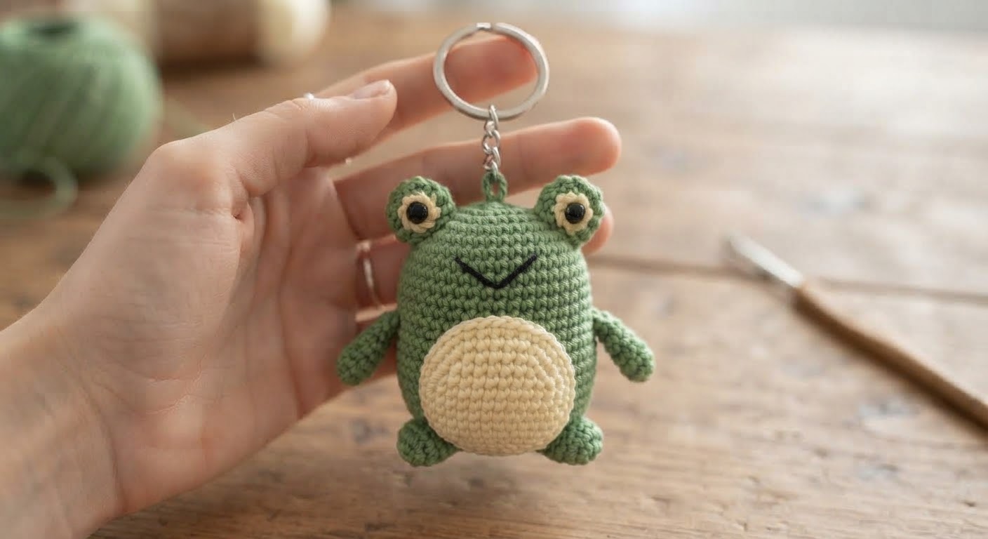 A close-up photograph of a hand holding a finished crocheted green frog keychain by its silver keyring. The frog has defined eye stalks, a small black embroidered smile, and a light yellow circular belly. In the blurred background, a green yarn ball, crochet hook, and needles rest on a wooden surface.