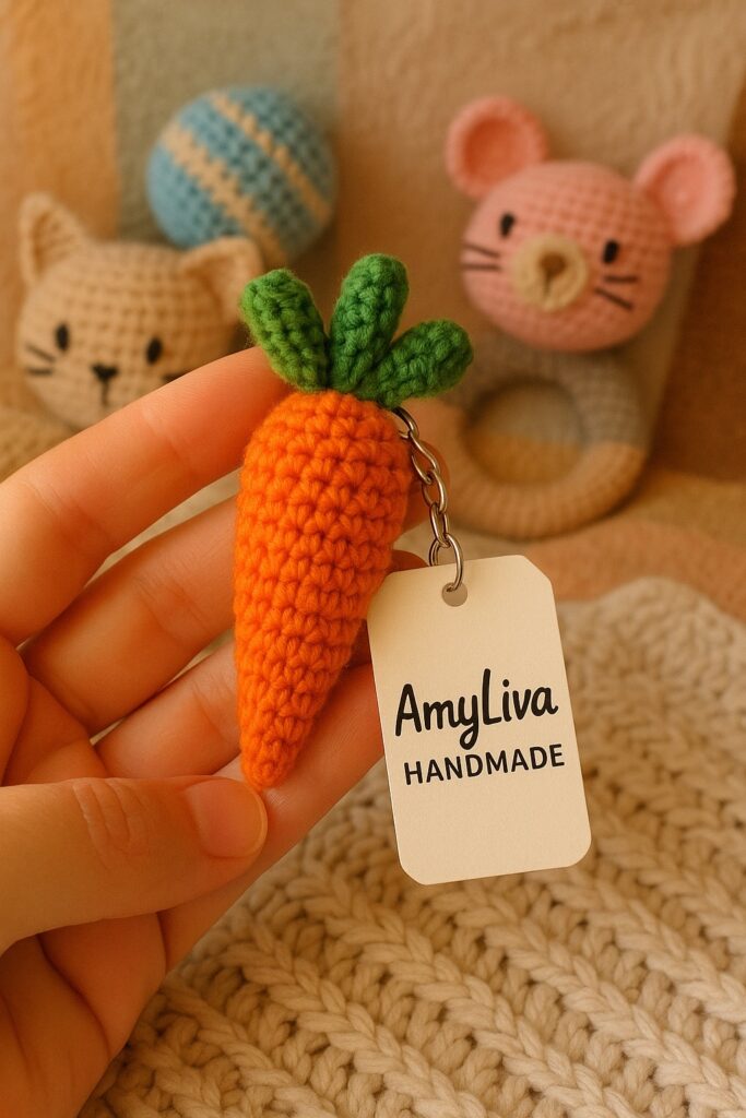 Handmade mini carrot amigurumi keychain with green leafy top, displayed in palm. Crochet design by AmyLiva Handmade.