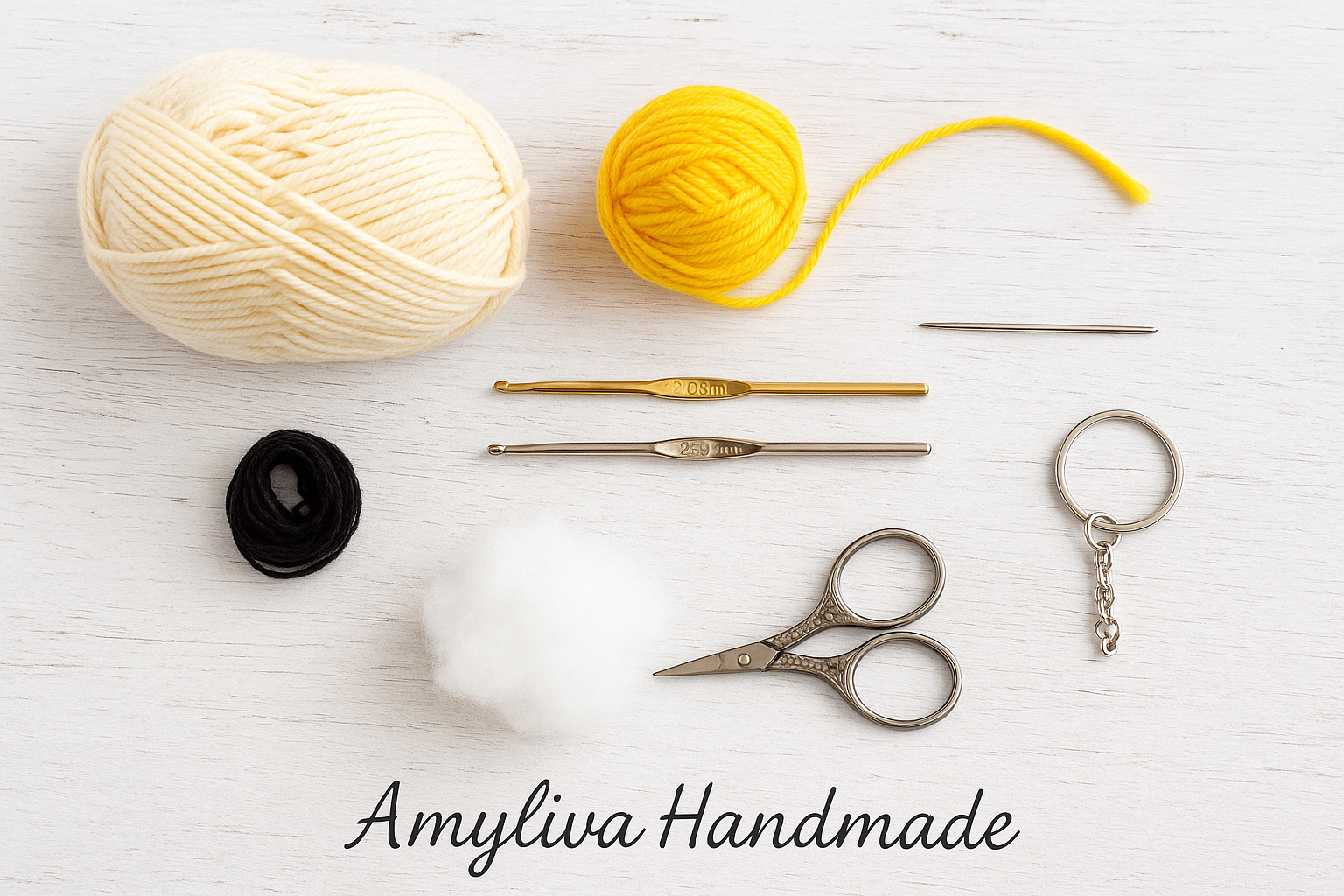 Crochet tools and yarn arranged for a handmade keychain project.