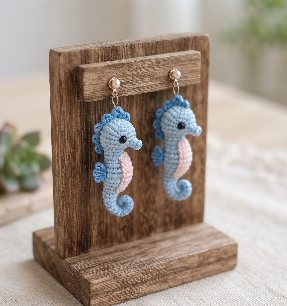 Finished amigurumi seahorse earrings hanging from a jewelry display stand