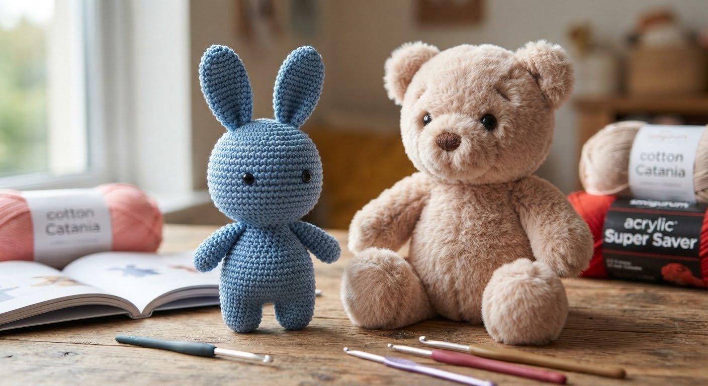 ⁠Handmade blue crochet bunny amigurumi and a soft plush teddy bear on a wooden table, accompanied by yarn balls and crochet hooks.⁠