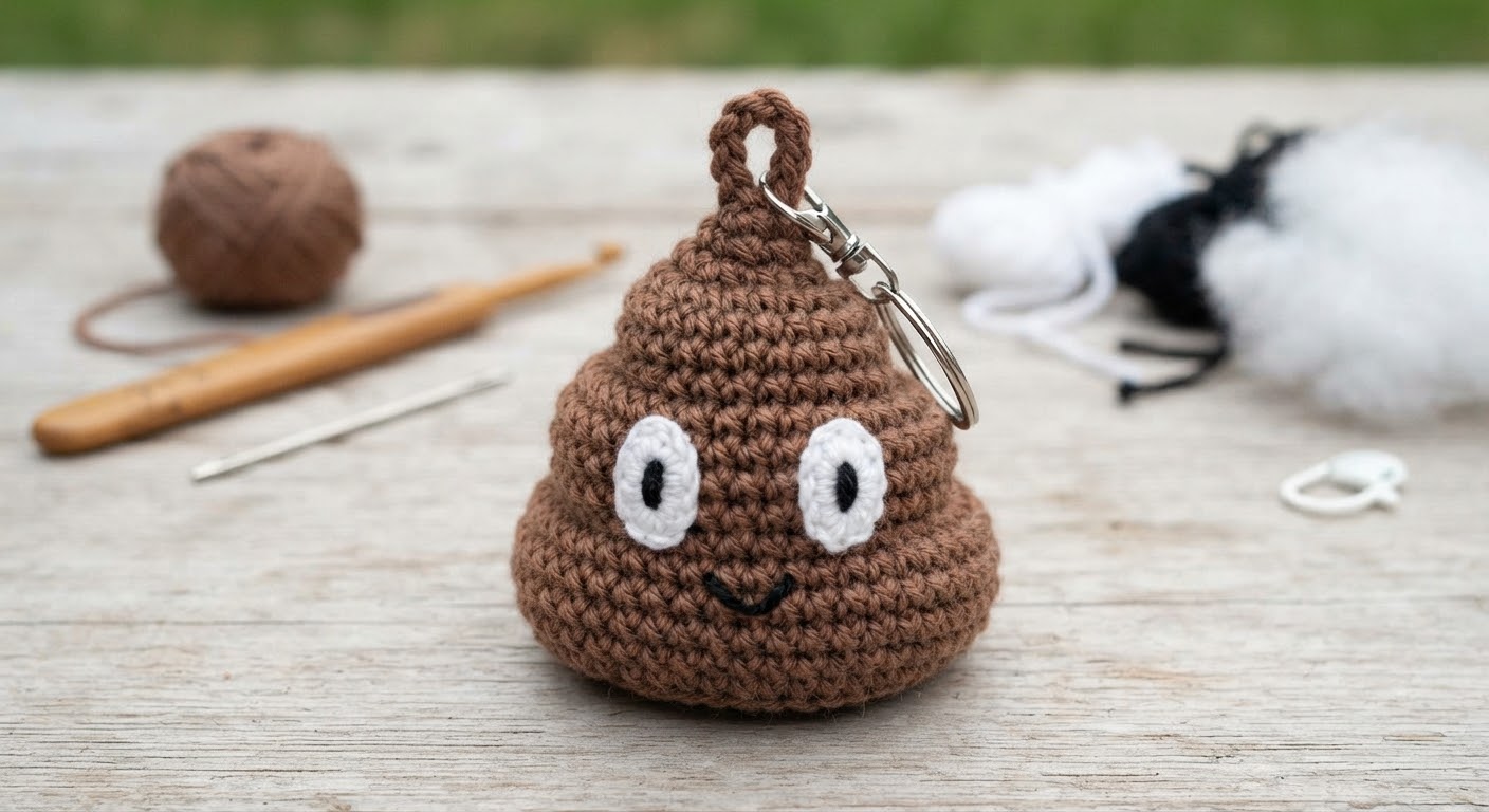The completed amigurumi poop emoji keychain featuring embroidered white-and-black eyes, a smiling mouth, a crocheted hanging loop at the top, and a secure metal keychain ring attached.