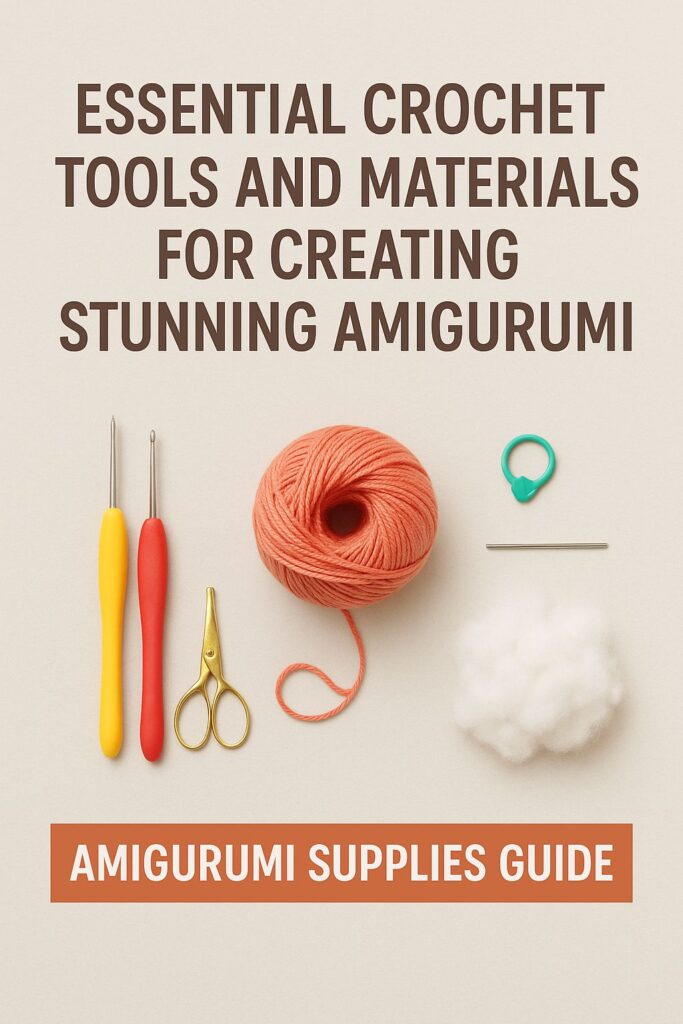 Essential amigurumi supplies including two crochet hooks, coral yarn, gold scissors, a green stitch marker, yarn needle, and white stuffing—neatly arranged for a beginner-friendly guide.
