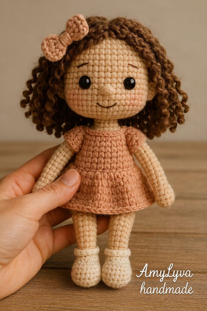 Handmade amigurumi doll with curly brown hair, blush bow, and peach dress, held gently by a human hand on a wooden surface.