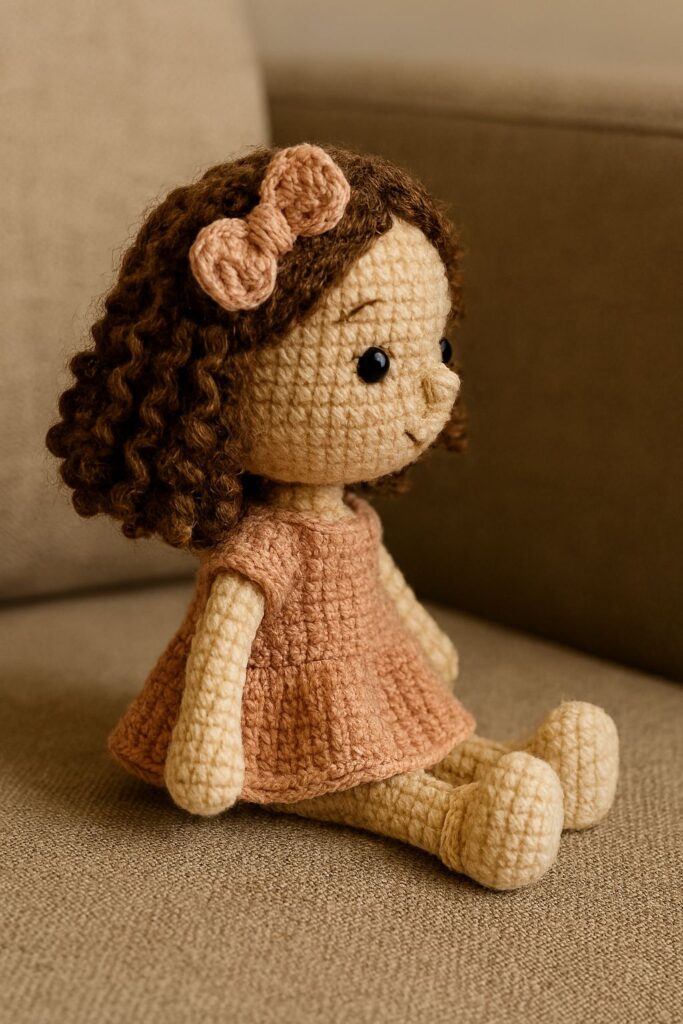 Handmade amigurumi doll with curly brown hair, blush bow, and peach dress sitting on a beige sofa, viewed from the side.