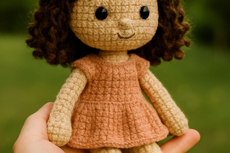 Handmade amigurumi doll with curly brown hair, blush bow, and peach dress sitting in a human hand outdoors, surrounded by green garden foliage.
