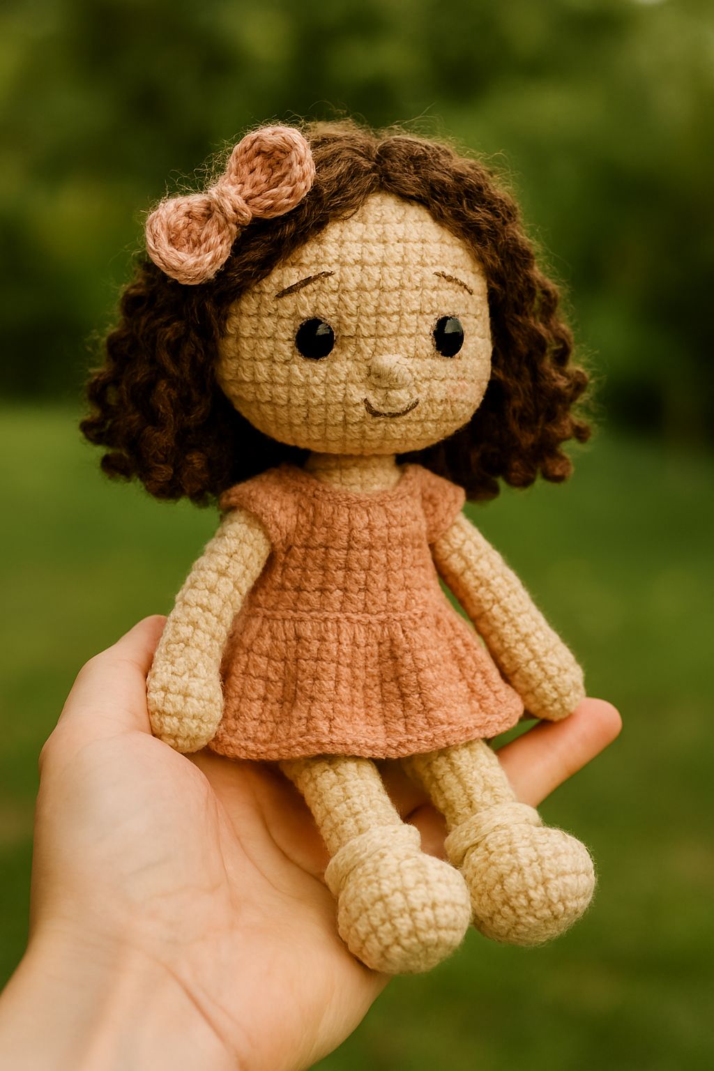 Handmade amigurumi doll with curly brown hair, blush bow, and peach dress sitting in a human hand outdoors, surrounded by green garden foliage.