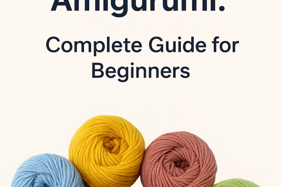 Colorful yarn skeins in blue, yellow, pink, and green with text overlay: Best Yarns for Amigurumi – Complete Guide for Beginners
