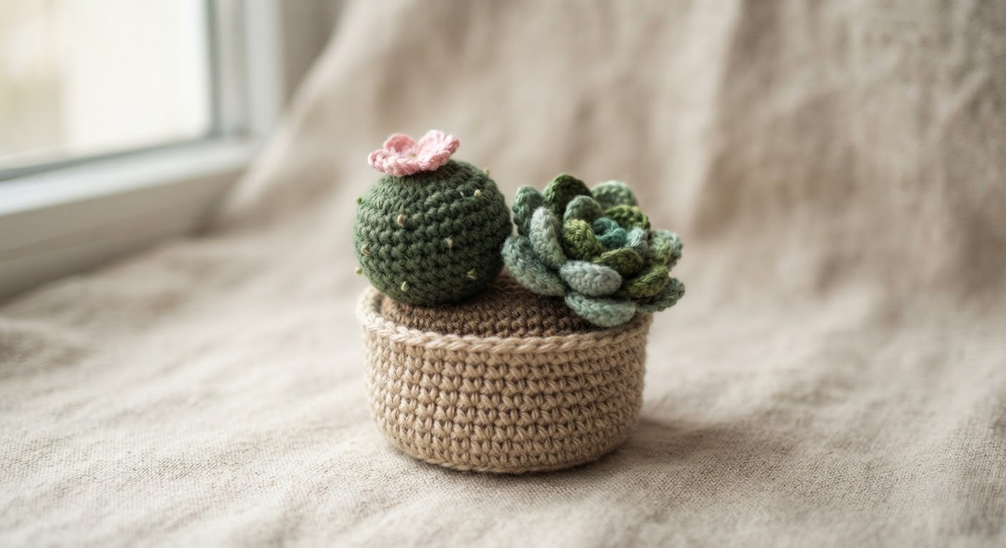 A cute mini amigurumi crochet cactus and succulent sitting side-by-side inside a small crochet pot on a natural beige linen background