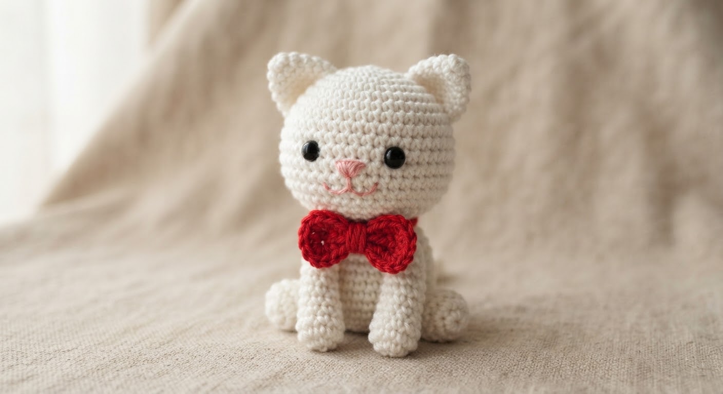 Crochet cat amigurumi with white yarn, embroidered face, and red bow