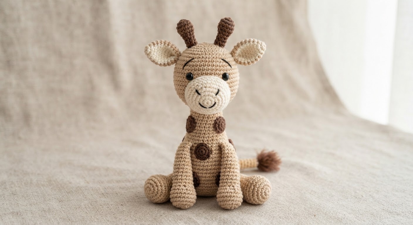 Finished crochet giraffe amigurumi with beige yarn, brown spots, small horns, and ears.