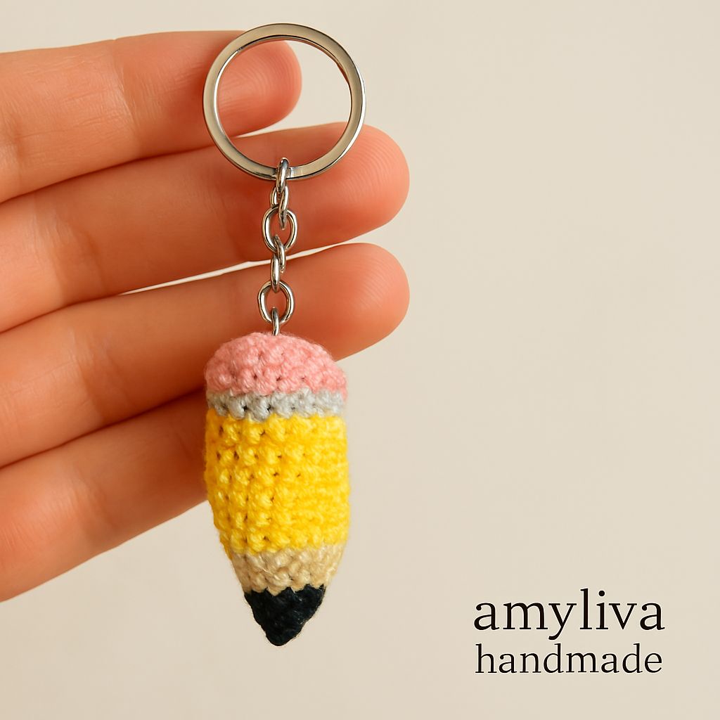 Step-by-step crochet pattern showing how to make a mini amigurumi pencil keychain with single crochet stitches, increases, and decreases, finished with a keyring – AmyLiva Handmade