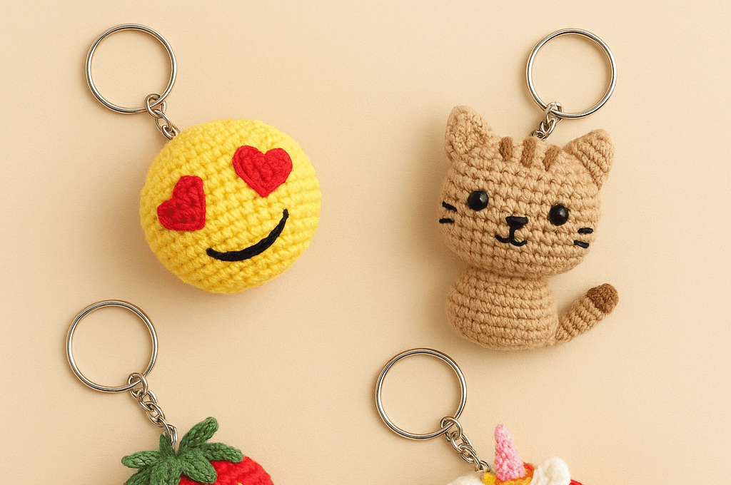 DIY crochet emoji keychain tutorial – handmade amigurumi heart-eyes emoji with yellow yarn, stuffing, and keychain hook.