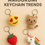 DIY crochet emoji keychain tutorial – handmade amigurumi heart-eyes emoji with yellow yarn, stuffing, and keychain hook.