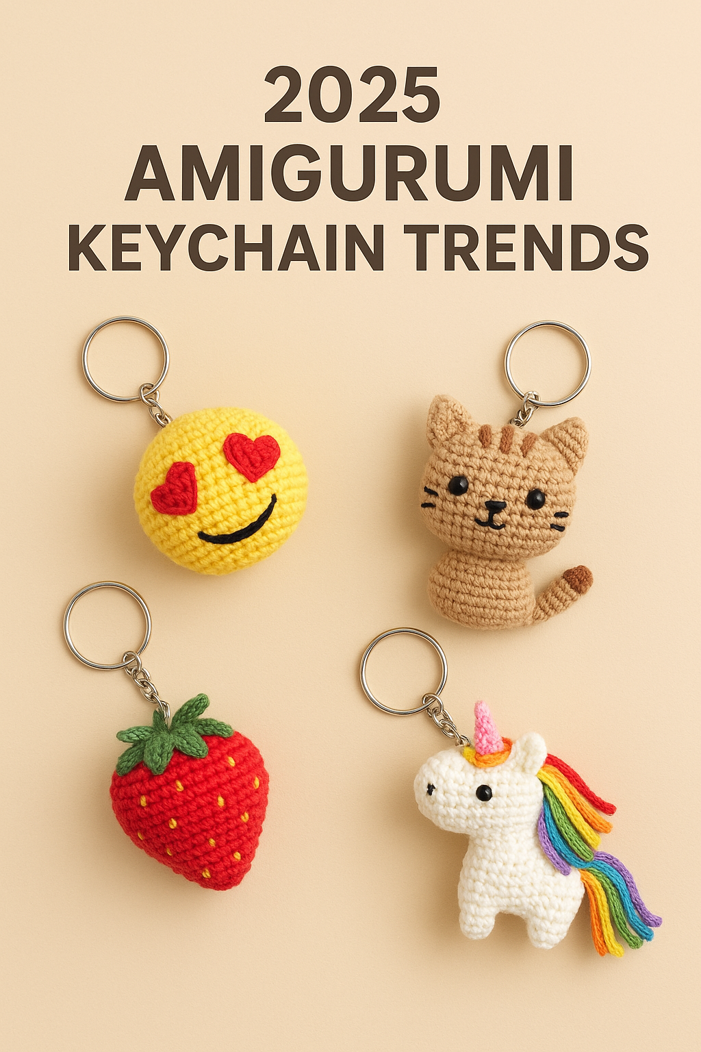 DIY crochet emoji keychain tutorial – handmade amigurumi heart-eyes emoji with yellow yarn, stuffing, and keychain hook.
