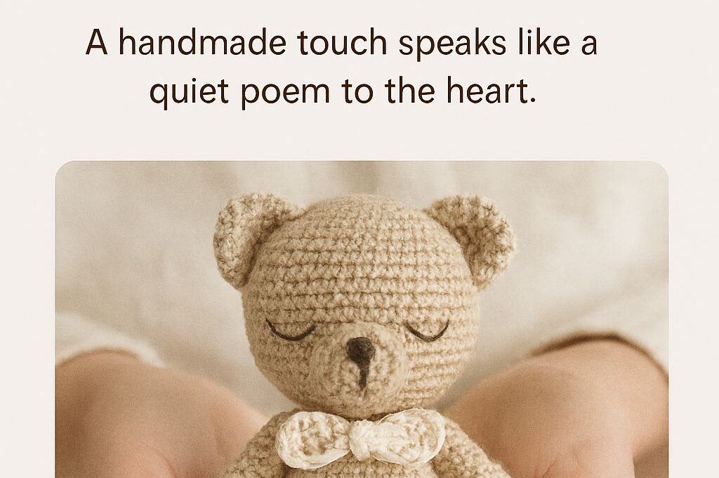 A pair of hands gently holding a small, handmade amigurumi teddy bear. The bear is light brown with a tiny bow tie and closed eyes, radiating a peaceful expression. The background is soft and neutral, enhancing the warmth and tenderness of the scene.