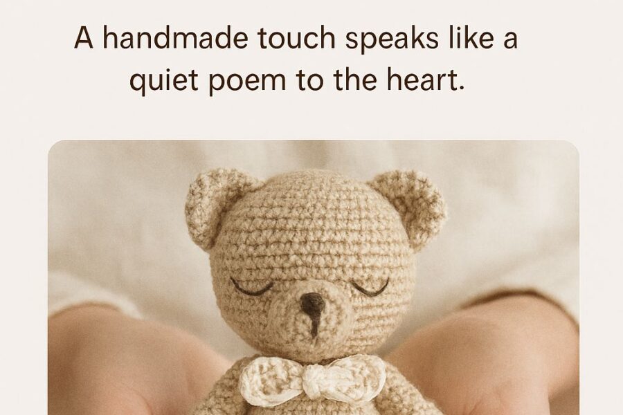 A pair of hands gently holding a small, handmade amigurumi teddy bear. The bear is light brown with a tiny bow tie and closed eyes, radiating a peaceful expression. The background is soft and neutral, enhancing the warmth and tenderness of the scene.