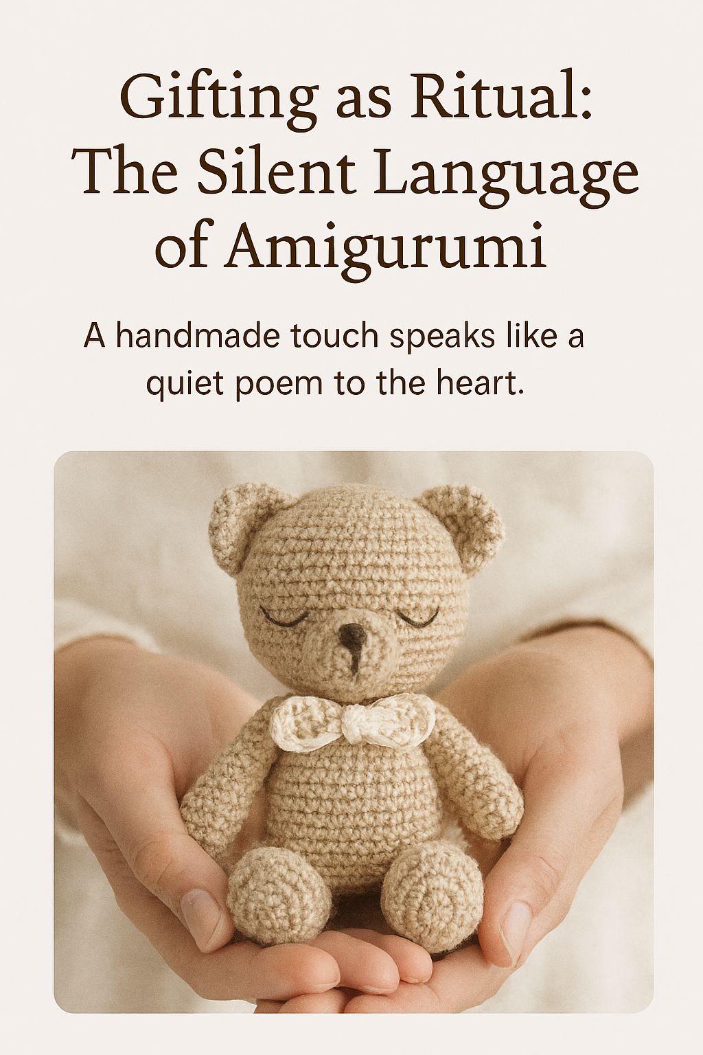 A pair of hands gently holding a small, handmade amigurumi teddy bear. The bear is light brown with a tiny bow tie and closed eyes, radiating a peaceful expression. The background is soft and neutral, enhancing the warmth and tenderness of the scene.
