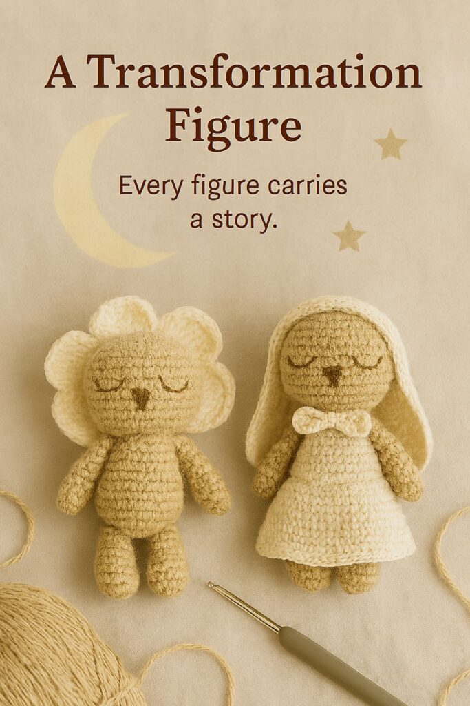 Two handmade crochet figures rest side by side on a soft beige surface. One resembles a lion with a floral mane and closed eyes; the other wears a cream dress and hood, also with closed eyes. A ball of yarn and a crochet hook lie below them. A crescent moon and stars float in the background, evoking a dreamy, symbolic atmosphere.