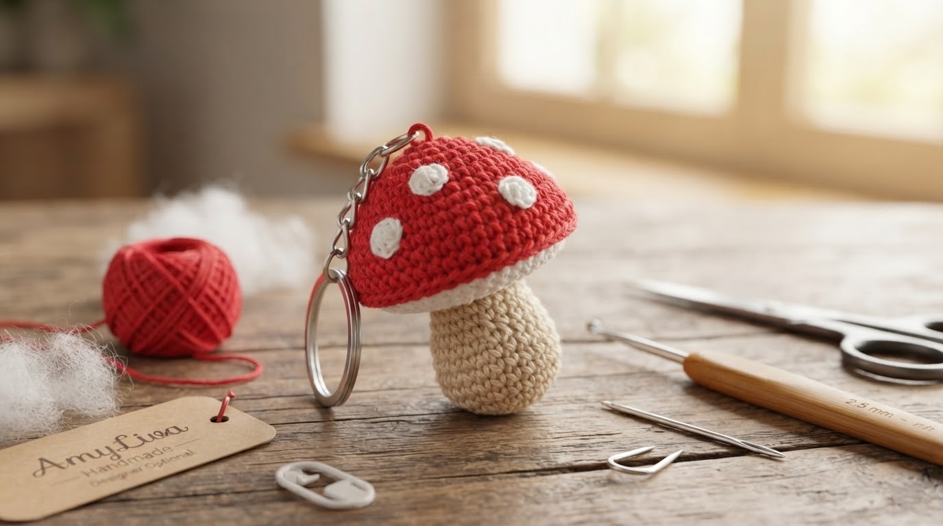 Finished handmade amigurumi mushroom keychain with a red cap, white spots, beige stem, and silver keyring attachment, resting on a rustic wooden surface in warm daylight. Ready-to-use cute bag charm.