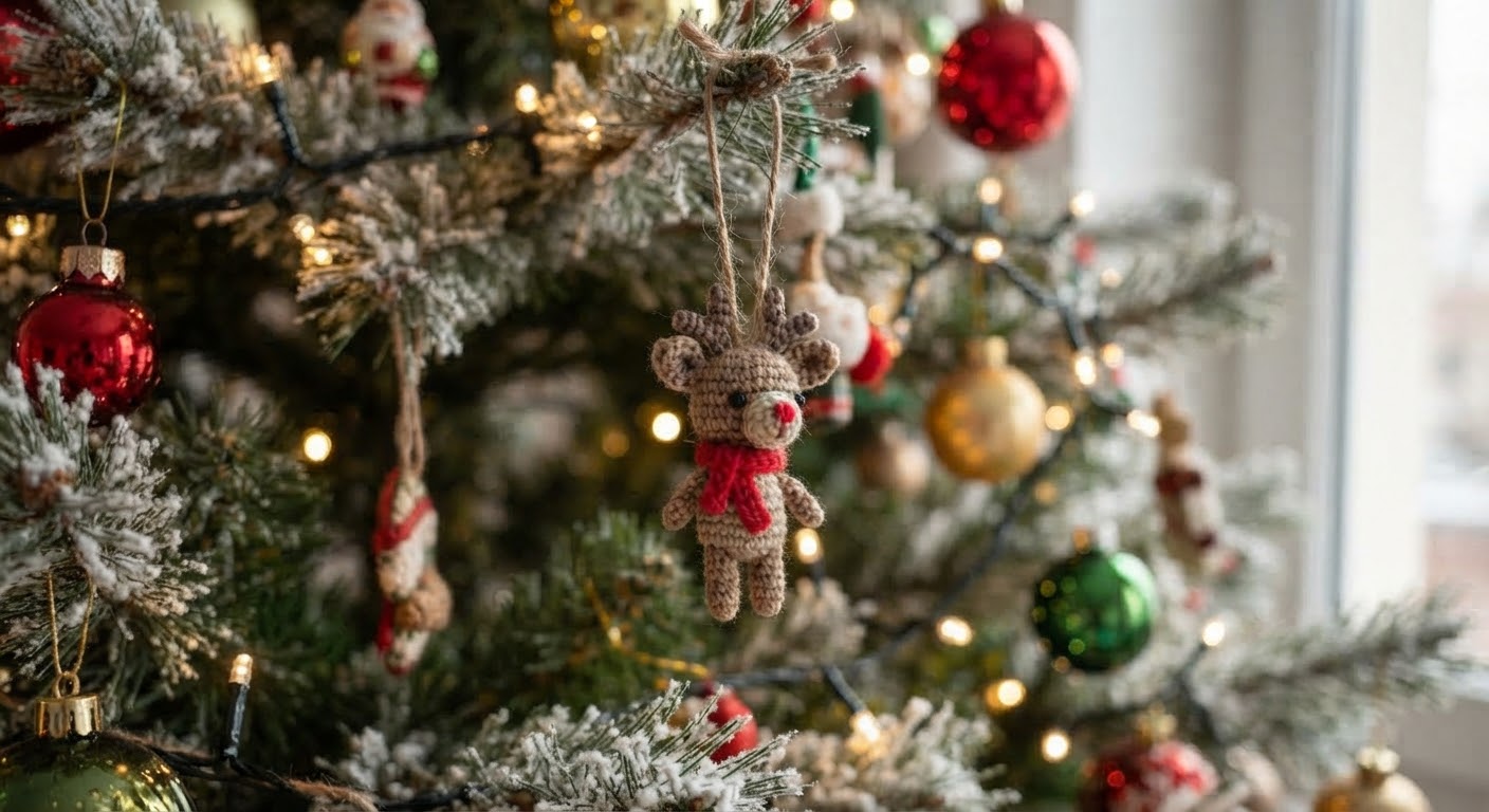 A handmade miniature crocheted reindeer ornament hanging by a jute twine loop from the branch of a snowy, brightly decorated Christmas tree, with colorful baubles and soft lights blurred in the background.