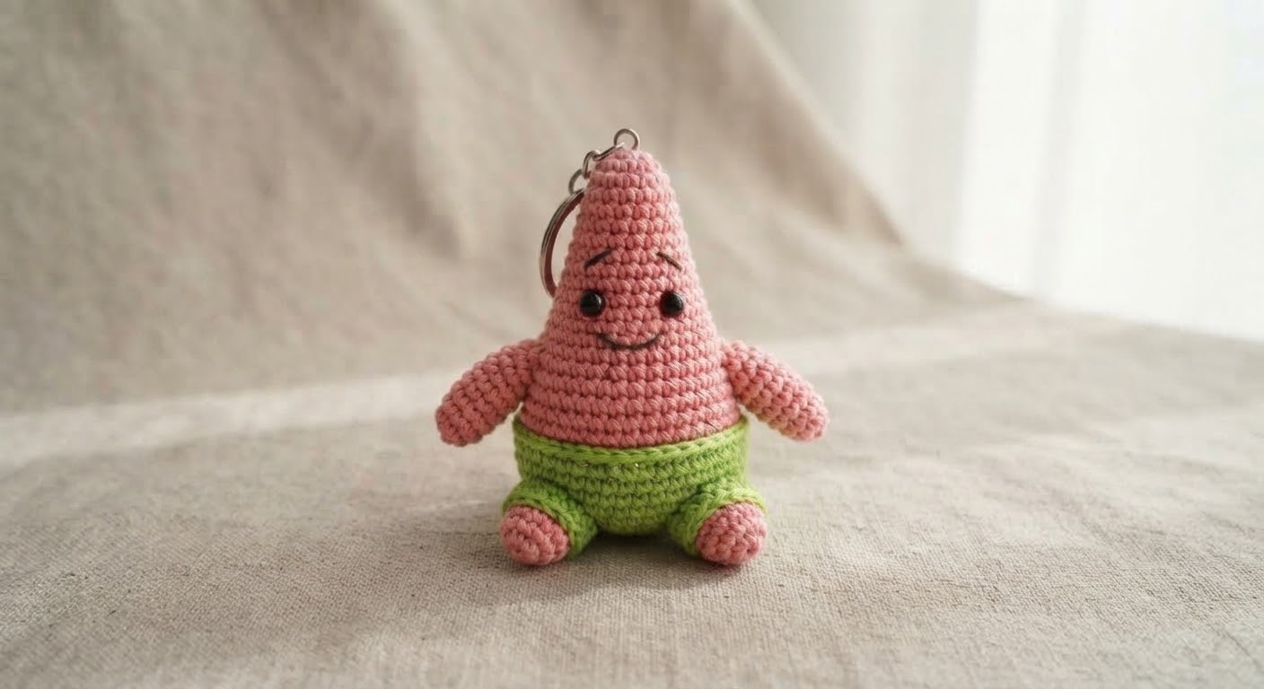 Completed Patrick Star amigurumi keychain with pink body and green shorts, resting on a textured natural beige linen fabric background.