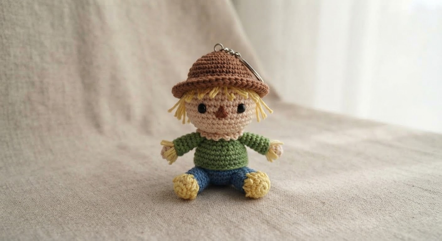Completed cute scarecrow amigurumi keychain with brown hat and straw hair, resting on a natural linen background with a crochet hook and stitch marker.