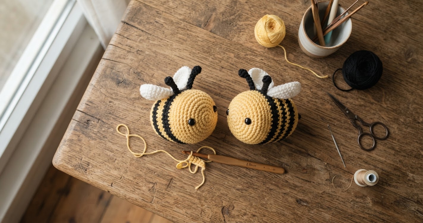 Finished handmade amigurumi crochet bees on rustic wood with yarn⁠