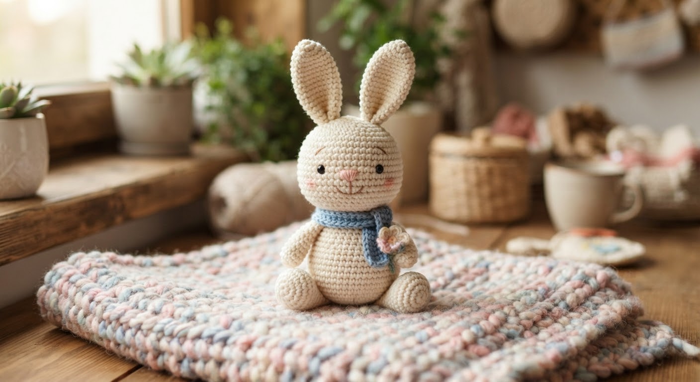 A finished, beige crocheted bunny toy with a blue scarf sitting on a knitted blanket on a wooden table, with a blurred window and potted plants in the background.