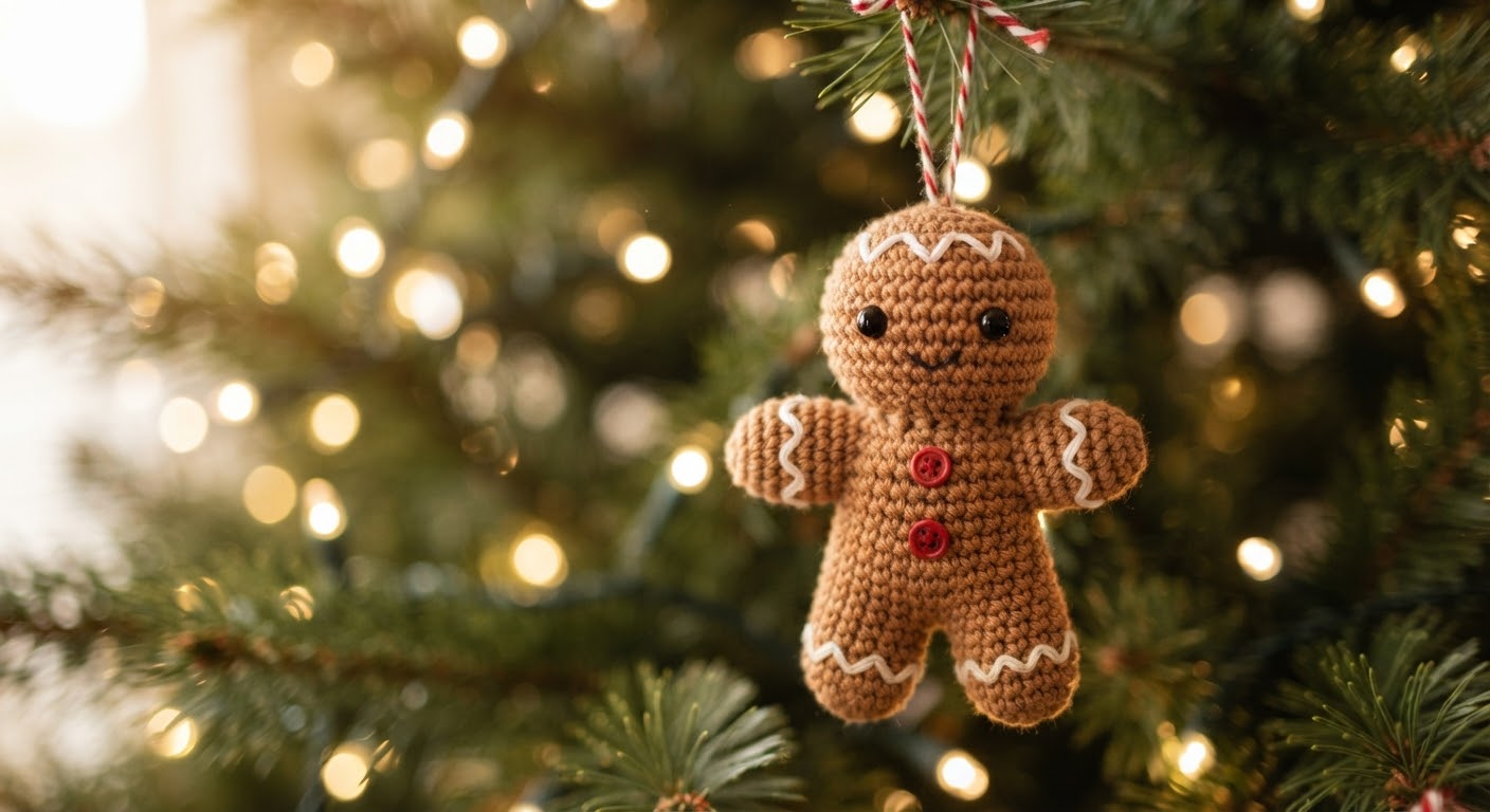 Handmade brown crochet amigurumi gingerbread man Christmas ornament hanging among illuminated pine tree branches, featuring white embroidered icing details, red buttons, and safety eyes, captured in natural lighting.