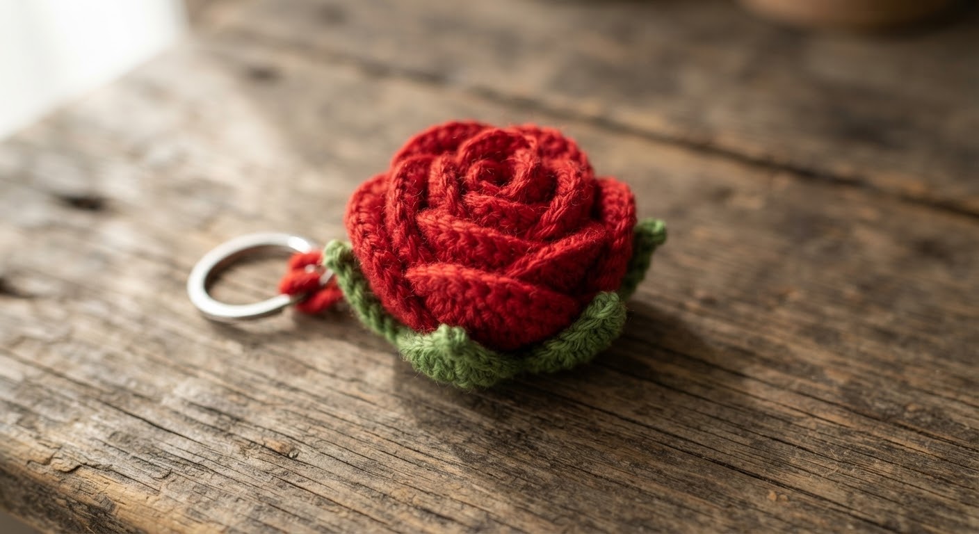 ⁠Amigurumi Rose Keychain finished red crochet flower on rustic wooden table⁠