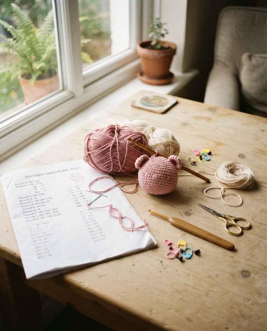 Beginner crochet workspace with yarn, hook and amigurumi pattern